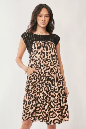 wholesale clothing leopard print smocking back tiered midi dress davi & dani