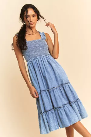 wholesale clothing washed denim smocking straps tiered midi dress davi & dani