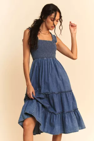 wholesale clothing washed denim smocking straps tiered midi dress davi & dani