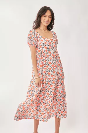 wholesale clothing floral print short puff sleeves midi dress davi & dani