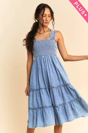 wholesale clothing plus washed denim smocking straps midi dress davi & dani