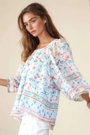 wholesale clothing boho floral border square neck blouson blouse top davi & dani