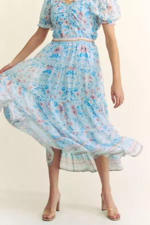 wholesale clothing spring floral print elastic ruffled maxi skirt davi & dani