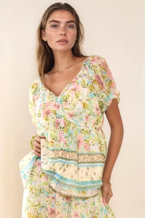 wholesale clothing spring floral border print ruffled textured top davi & dani