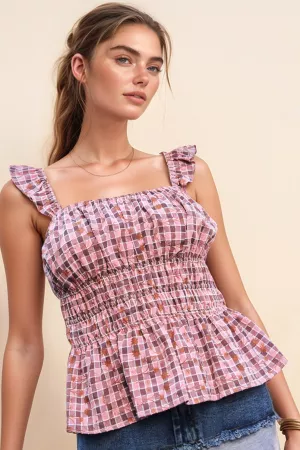 wholesale clothing plaid ruffled strap smocked sleeveless top davi & dani