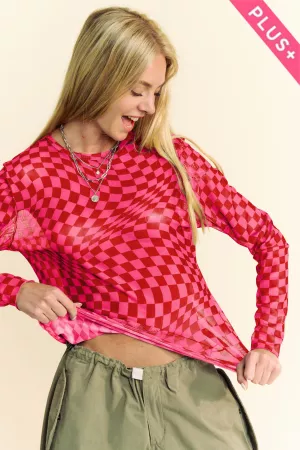 wholesale clothing plus checker board mesh long sleeve layering top davi & dani