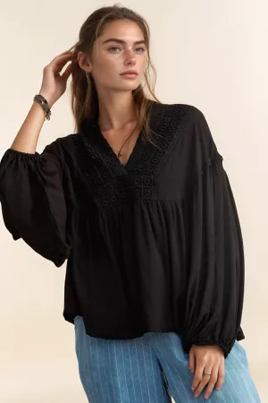 wholesale clothing v-neck lace neck balloon long-sleeve blouse top davi & dani