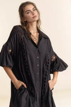 wholesale clothing crochet loose fit button down long sleeves shirt davi & dani