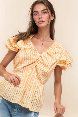 wholesale clothing shirring v-neck ruffle gingham plaid printed top davi & dani