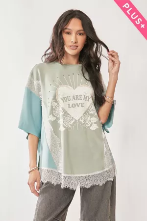 wholesale clothing plus you are my love print lace short sleeve top davi & dani