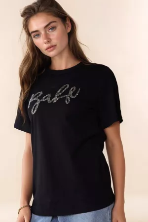 wholesale clothing glitter lettering printed round neck short top davi & dani