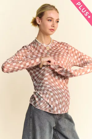 wholesale clothing plus checker board mesh long sleeve layering top davi & dani