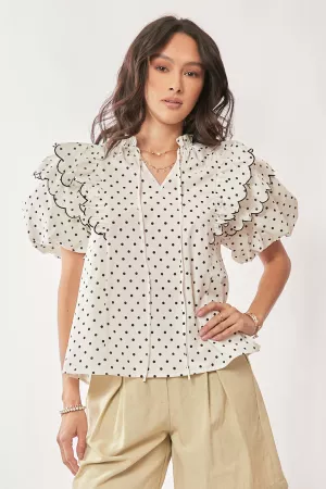 wholesale clothing polka dot contrast ruffle puff sleeve blouse top davi & dani