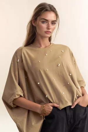 wholesale clothing pearl drop shoulders batwing sleeve side slit top davi & dani