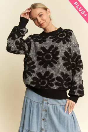 wholesale clothing plus textured floral crew neck pullover sweater davi & dani