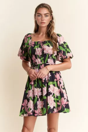 wholesale clothing floral square neck puff sleeve a-line short dress davi & dani