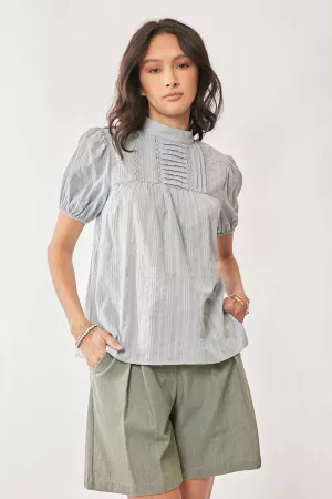 wholesale clothing woven texture top with pleat embrodiery davi & dani