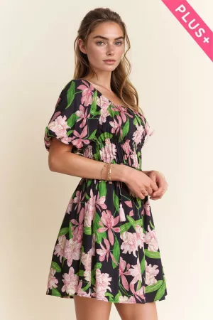 wholesale clothing plus floral square neck puff sleeve short dress davi & dani