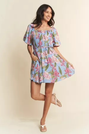 wholesale clothing floral square neck puff sleeve a-line short dress davi & dani