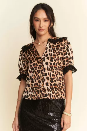 wholesale clothing leopard lace trim collar  short sleeve blouse davi & dani