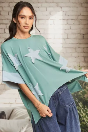 wholesale clothing acid-washed denim star patchwork short sleeve top davi & dani