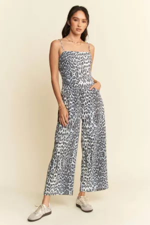 wholesale clothing leopard spaghetti straps wide pants jumpsuit davi & dani