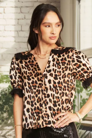 wholesale clothing leopard lace trim collar  short sleeve blouse davi & dani