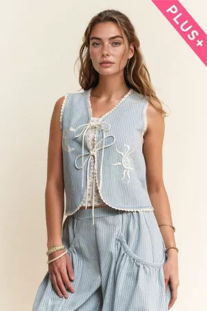 wholesale clothing plus striped denim moon lace edge tie front vest davi & dani