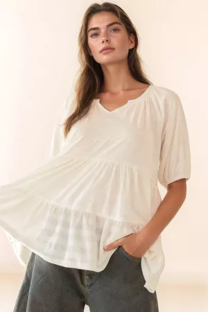 wholesale clothing solid ruffled flared short sleeve v neck top davi & dani