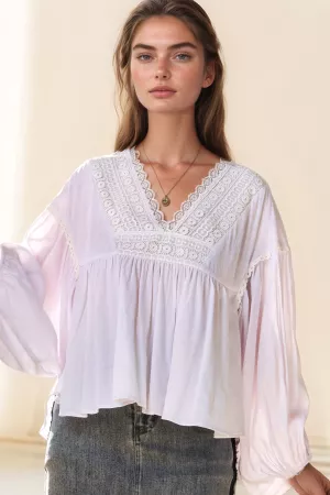 wholesale clothing v-neck lace neck balloon long-sleeve blouse top davi & dani