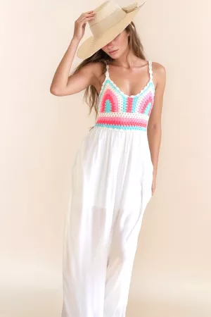 wholesale clothing crochet bodice open tie back wide leg jumpsuit davi & dani