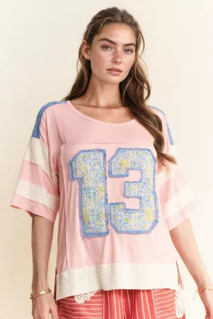 wholesale clothing contrast fabrication knit top w/ "13" patch on cf davi & dani