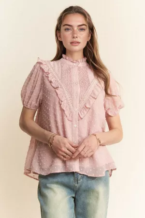 wholesale clothing swiss dot woven ruffle top with ruffle detail davi & dani