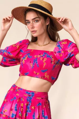 wholesale clothing smocing bodice puff short sleeve printed crop top davi & dani