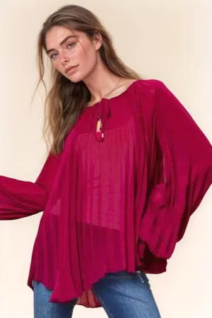 wholesale clothing long balloon sleeve pleated round neck blouse davi & dani