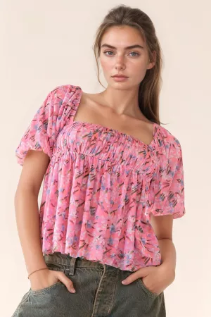 wholesale clothing floral printed puff double layered mesh top blouse davi & dani