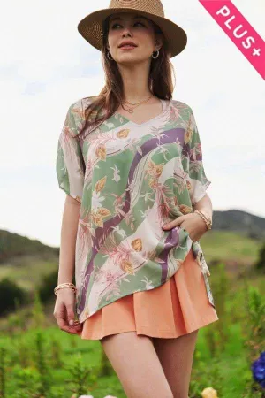 wholesale clothing plus floral v neck short sleeve loose fit top davi & dani