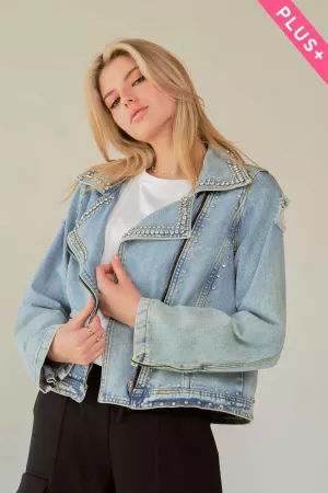 wholesale clothing plus rhinestone zip up denim lapel collar jacket davi & dani