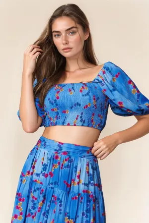 wholesale clothing smocing bodice puff short sleeve printed crop top davi & dani