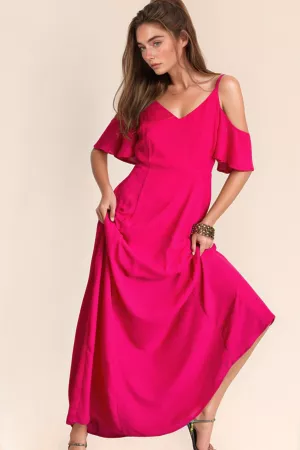 wholesale clothing solid cold-shoulder ruffled sleeve maxi dress davi & dani