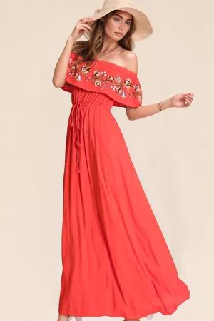 wholesale clothing ethnic floral embroidered off shoulder maxi dress davi & dani