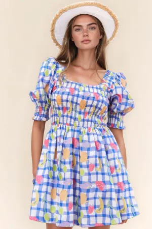 wholesale clothing hand drawing checker fruits printed puff minidress davi & dani