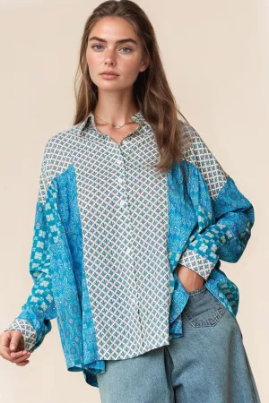 wholesale clothing geo mixed printed button front slouchy relaxed top davi & dani