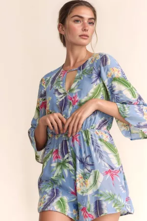 wholesale clothing botanical floral print back bell sleeve romper davi & dani