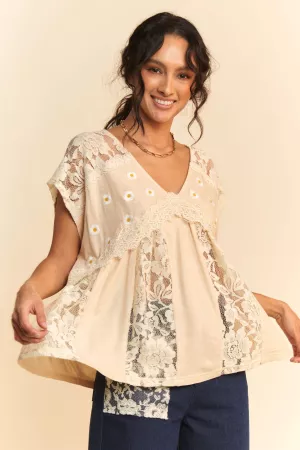 wholesale clothing embroidery daisy flowy dolman knit top with lace davi & dani