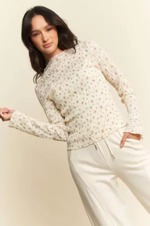 wholesale clothing floral print mock neck long sleeves knit top davi & dani