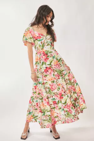 wholesale clothing floral short puff sleeves sweetheart maxi dress davi & dani