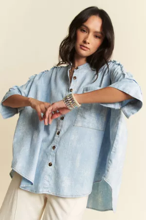 wholesale clothing washed denim stand collar fringe hem loose shirt davi & dani