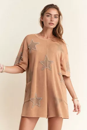 wholesale clothing soft knit star patch washed pearl detail romper davi & dani