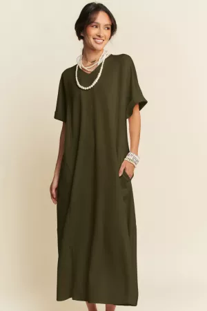 wholesale clothing soft knit v neck short sleeve shift midi dress davi & dani